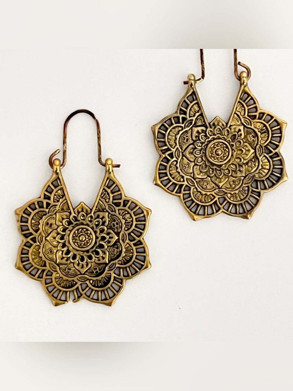 Gold-tone Metal Ornate Mandala Flower Hoop Earrings Boho